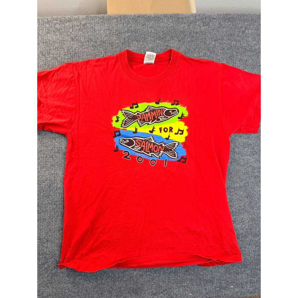 Vintage Fruit of the Loom Jammin for Salmon 2001 T Shirt L Red Cotton Graphic
